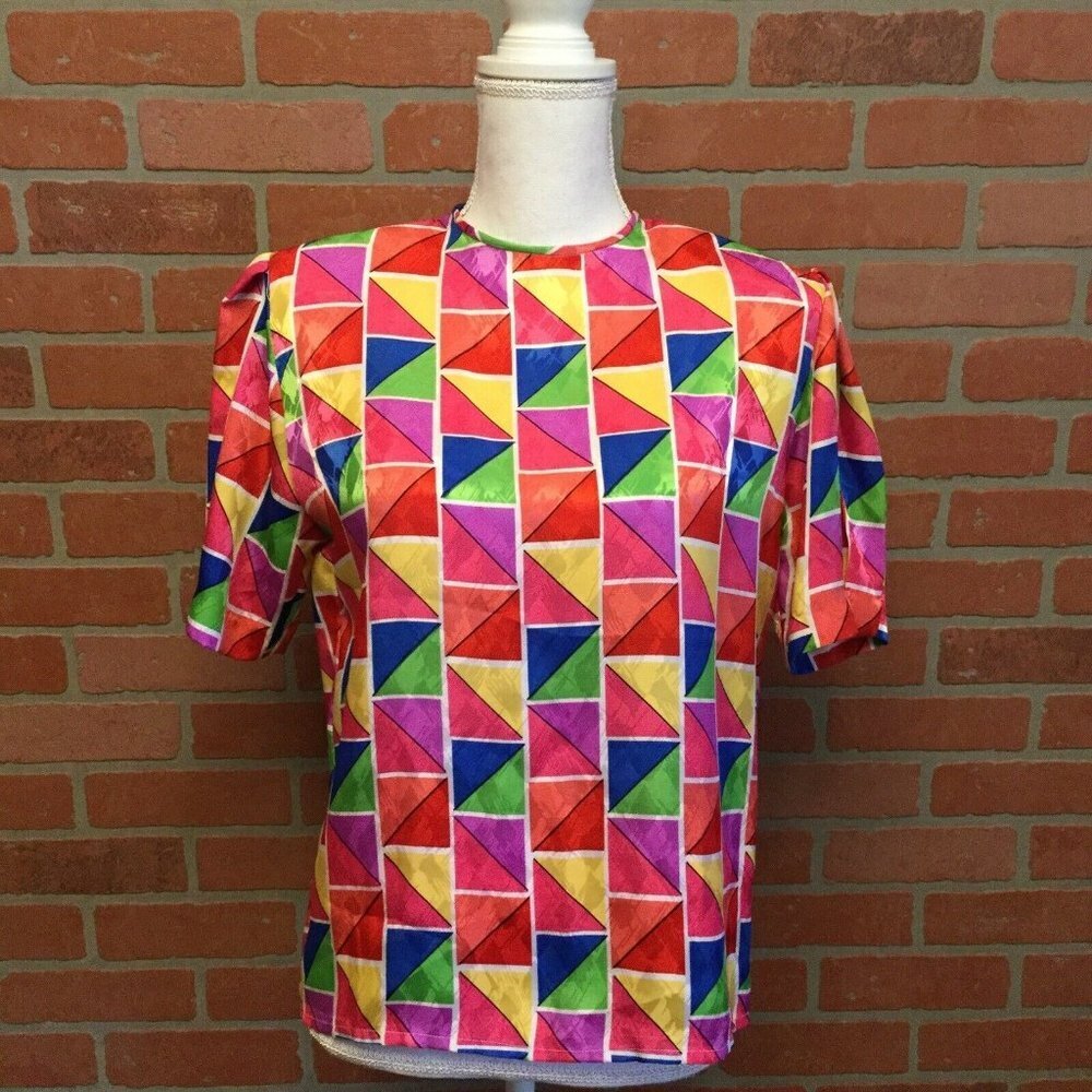 Pierre Cardin primary colors 80’s triangle geometric print short sleeve blouse 6